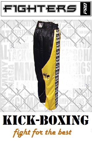 FIGHTERS - Pantalon de Kick-boxing / Satiné / Noir-Jaune / XXS
